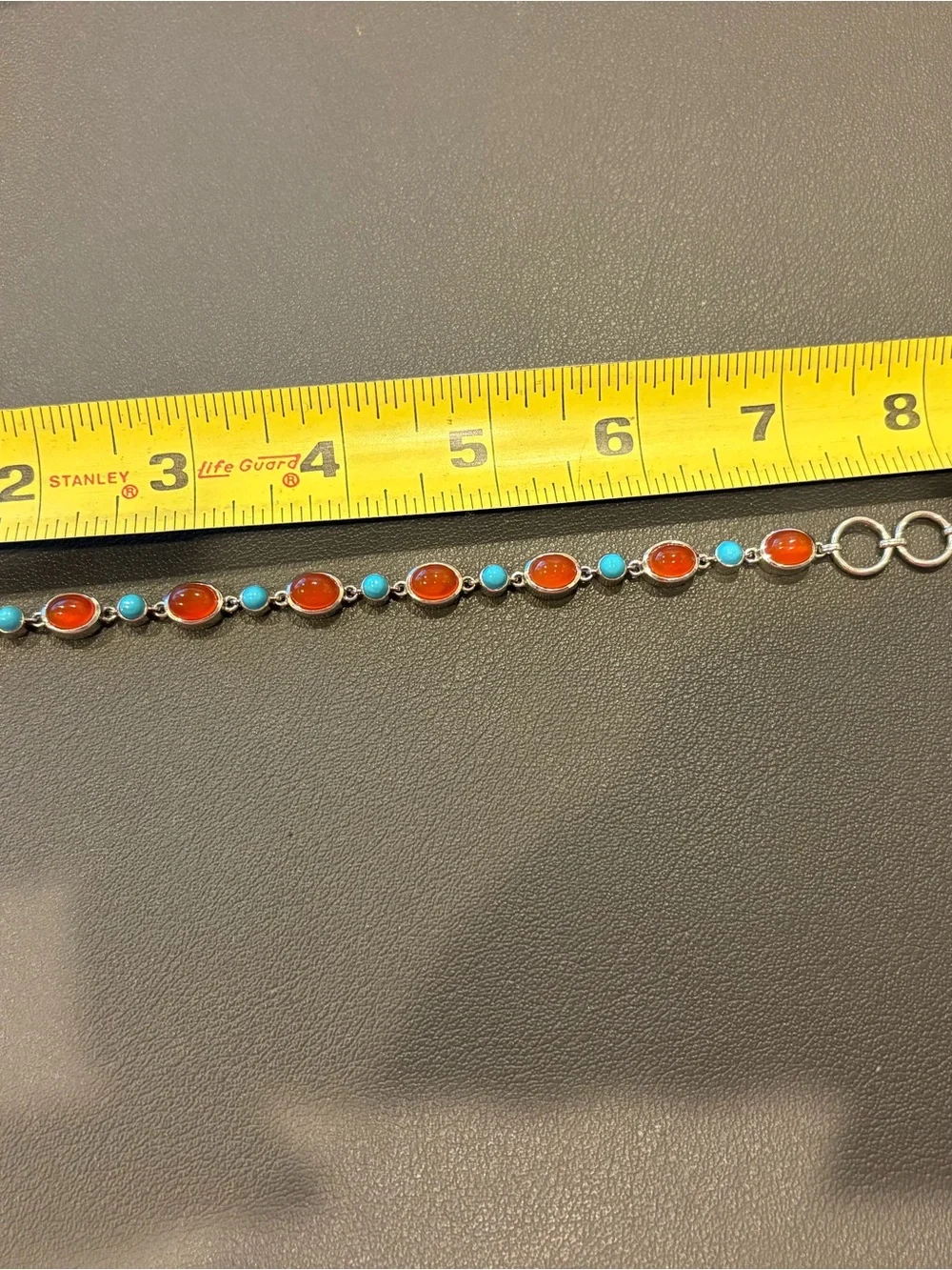 Sterling Silver Bracelet with Orange Carnelian and Turquoise cabochons